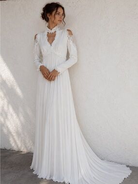 Vintage 70s White Prairie Wedding Dress Maxi Gown Lace Pleated XS/S